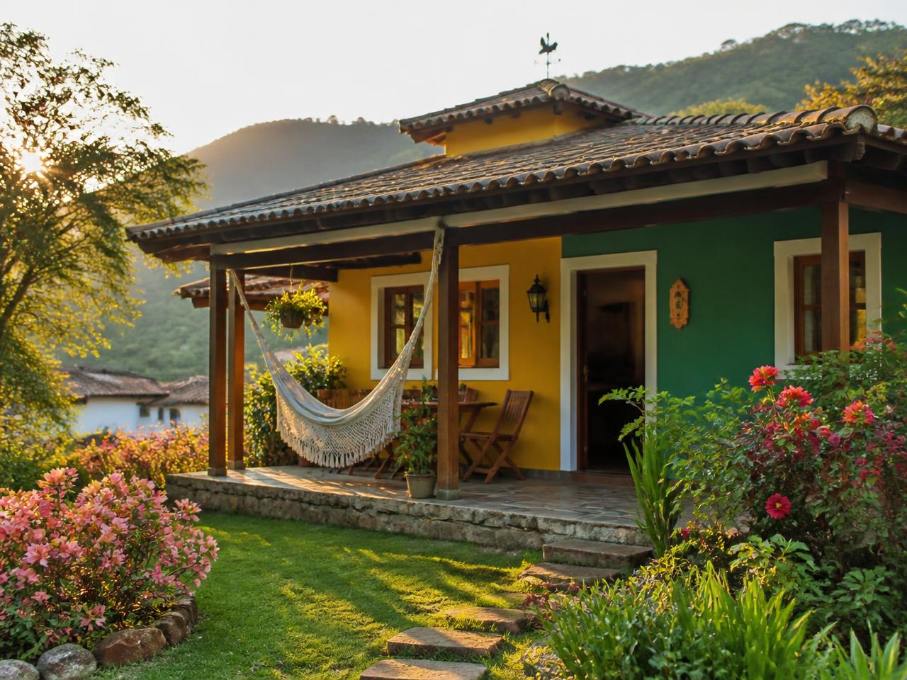 Casa completa colorida da Pousada das Cores com varanda e rede