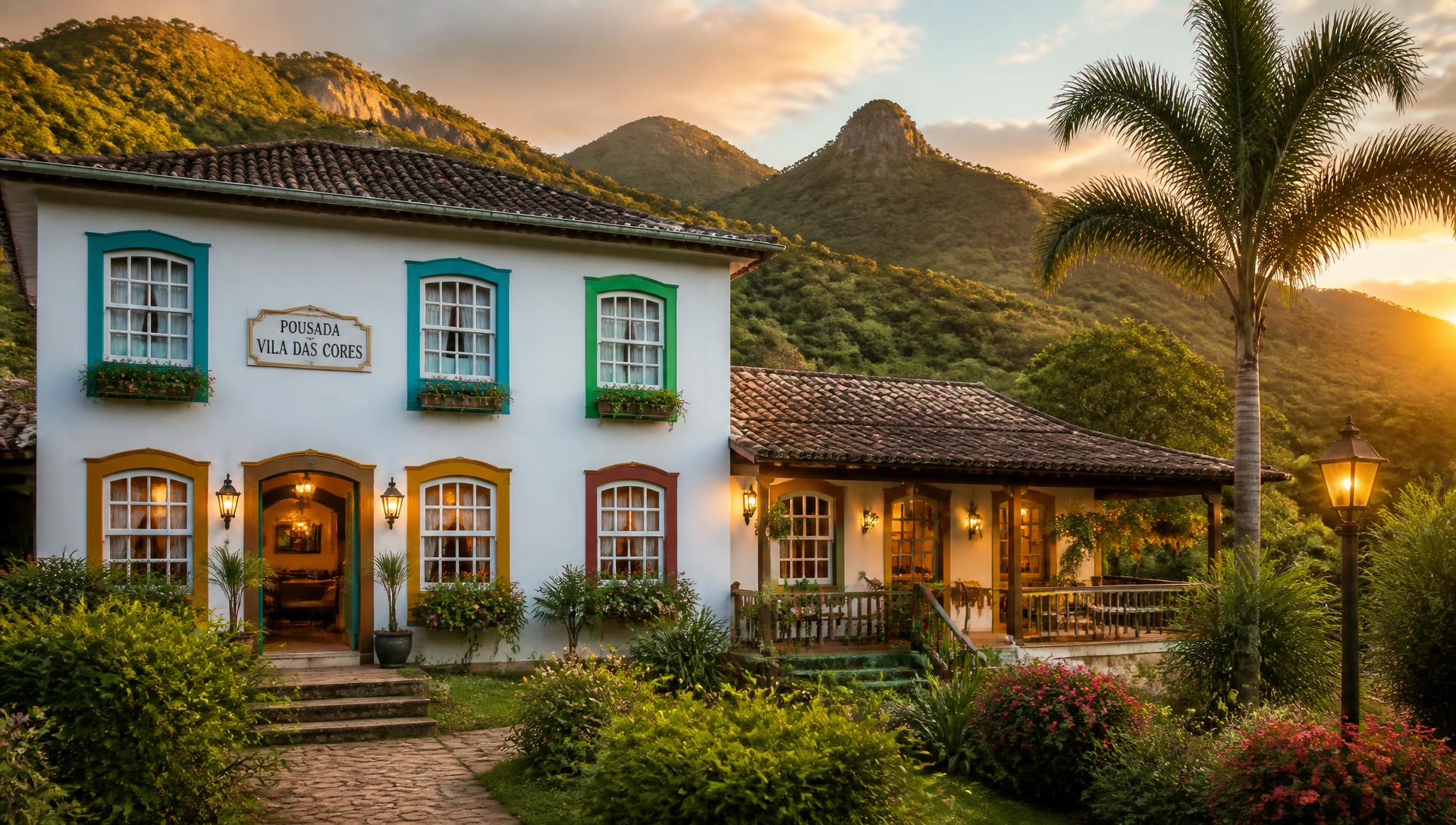 Fachada colorida da Pousada das Cores ao pôr do sol