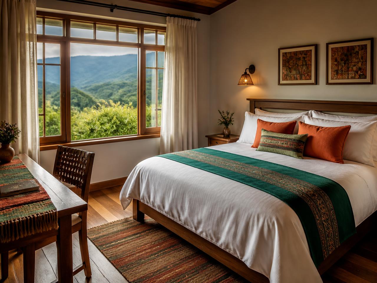 Quarto de casal da Pousada das Cores com vista para as montanhas