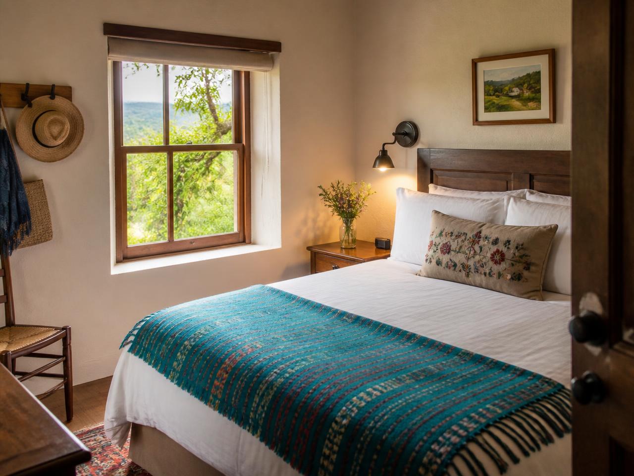 Quarto individual da Pousada das Cores com janela para a mata